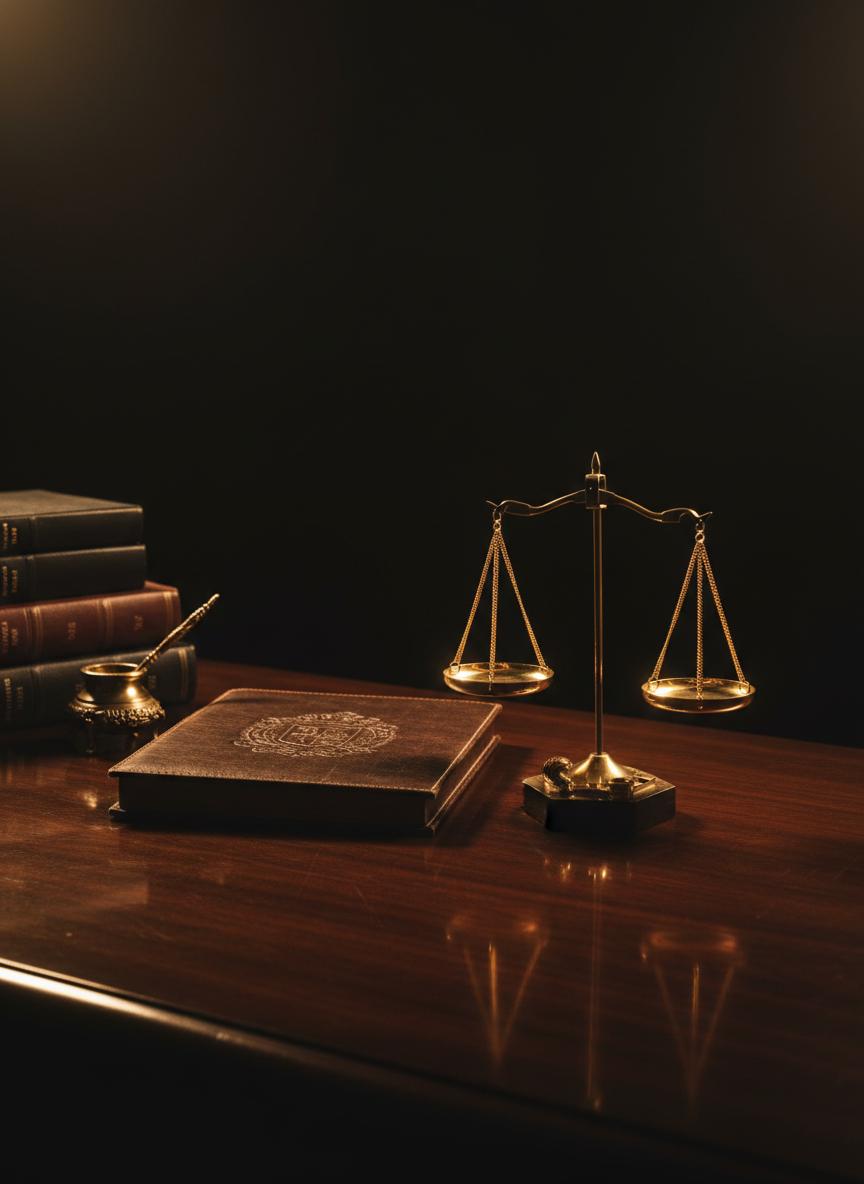 Brass scales of justice on a dark executive desk lit by golden light